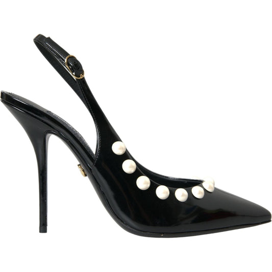 Dolce & Gabbana Black Leather Faux Pearl Heel Slingback Shoes LA10617-40