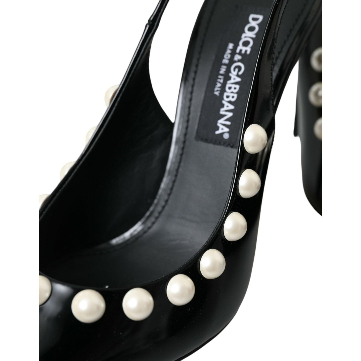 Dolce & Gabbana Black Leather Faux Pearl Heel Slingback Shoes LA10617-40