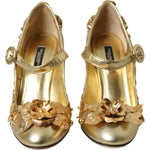 Dolce & Gabbana Gold Leather Crystal Mary Janes Pumps Shoes