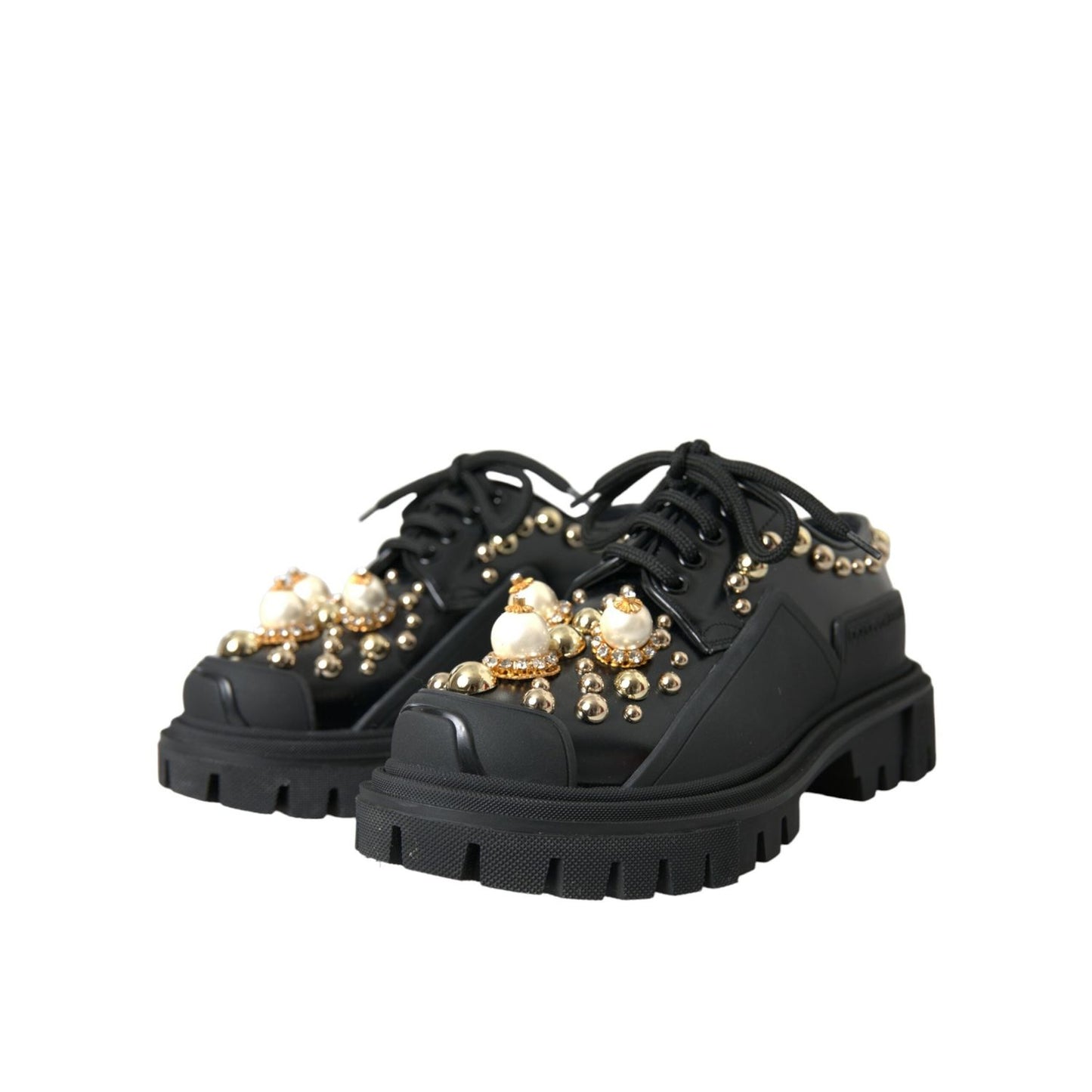 Dolce & Gabbana Black Leather Trekking Derby Embellished Shoes LA10843-37