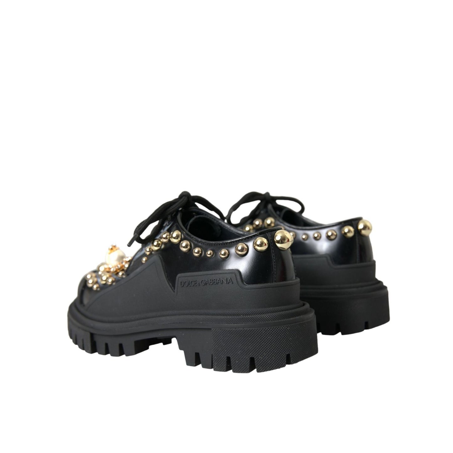 Dolce & Gabbana Black Leather Trekking Derby Embellished Shoes LA10843-37