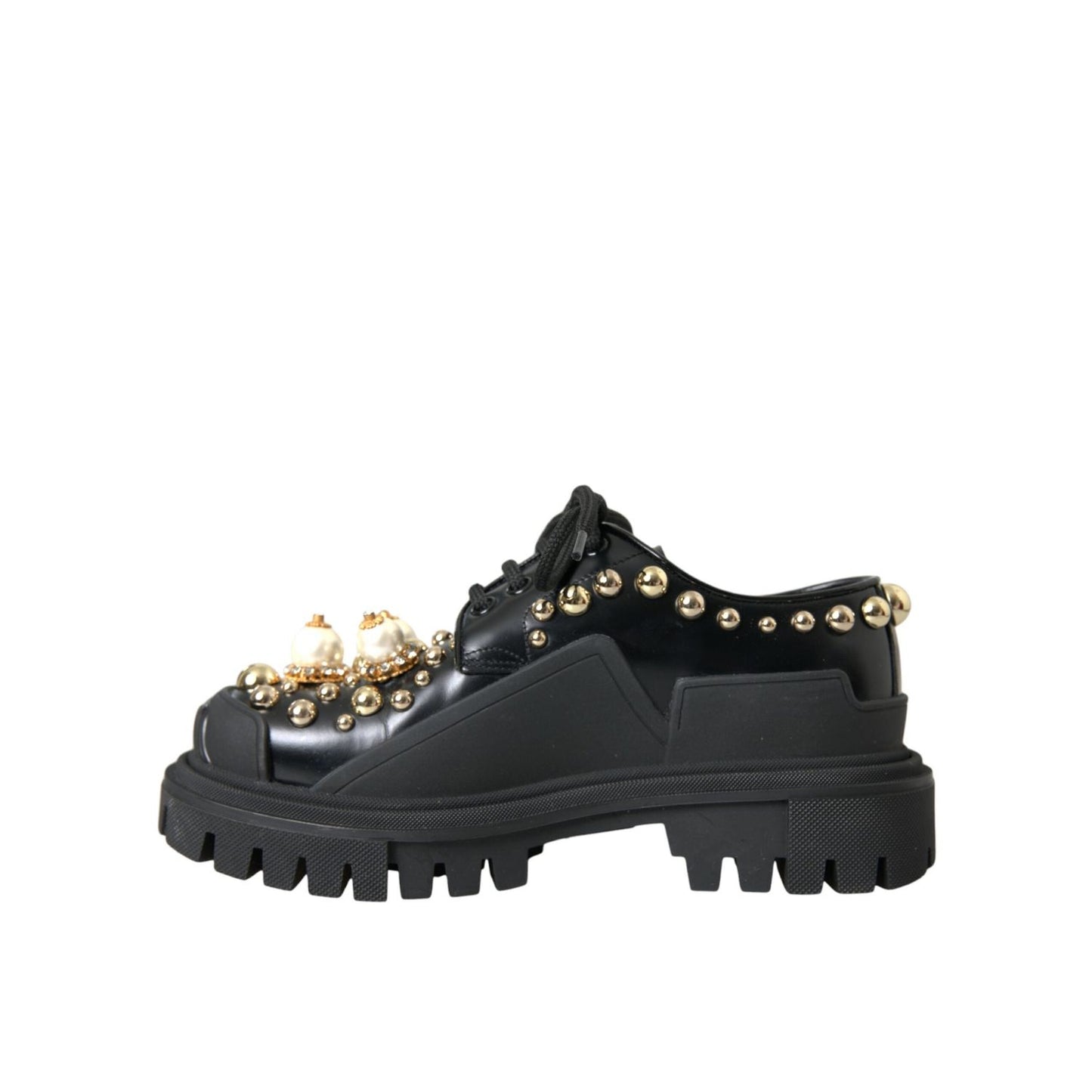 Dolce & Gabbana Black Leather Trekking Derby Embellished Shoes LA10843-37