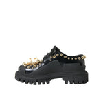 Dolce & Gabbana Black Leather Trekking Derby Embellished Shoes LA10843-37