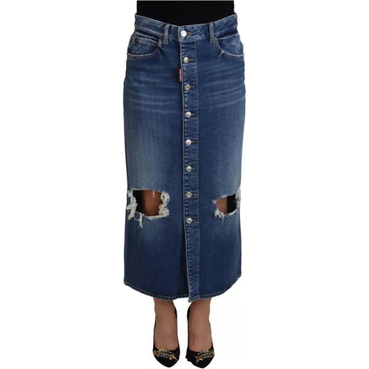 Dsquared² Blue Distressed High Waist Pencil Cut Denim Skirt SKI1896-38