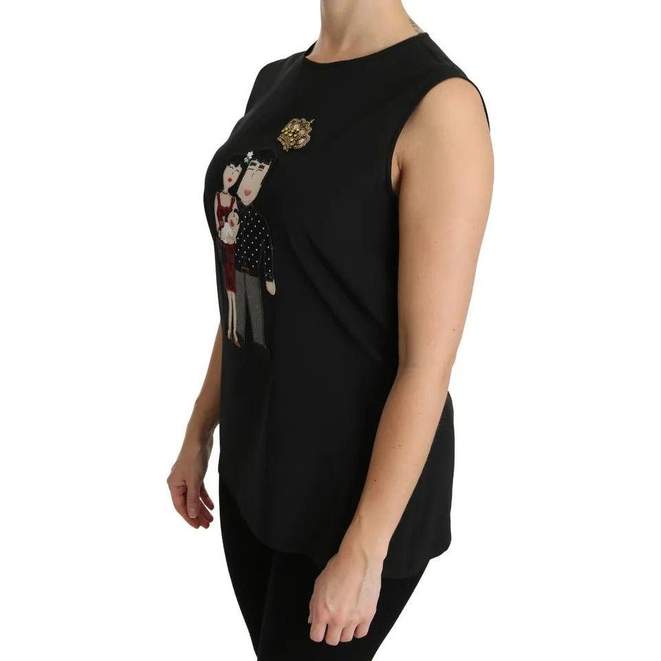 Dolce & Gabbana Black Silk DG Family Crystal Sleeveless Top TSH4291-40