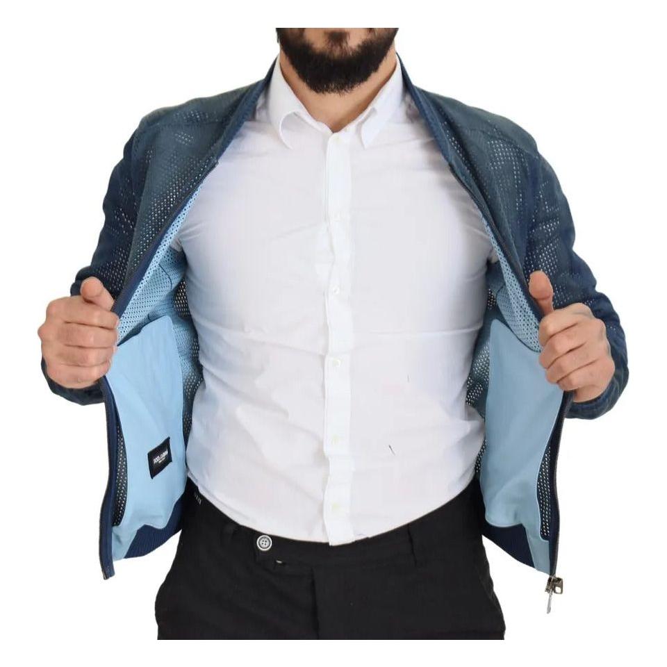 Dolce & Gabbana Blue Leather Perforated Full Zip Jacket