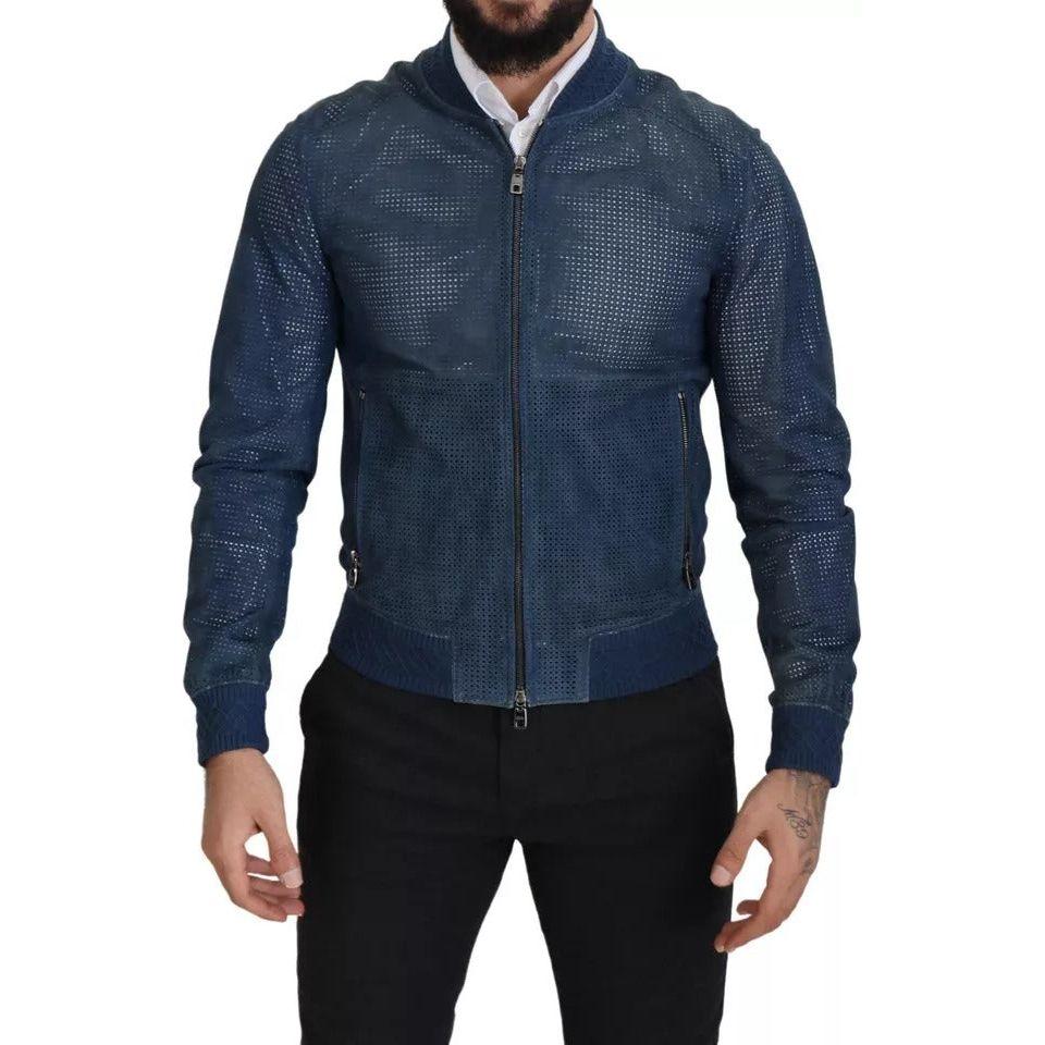 Dolce & Gabbana Blue Leather Perforated Full Zip Jacket
