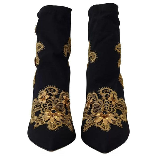 Dolce & Gabbana Black Gold Embroidery Slip On Boots Shoes LA10097-38.5