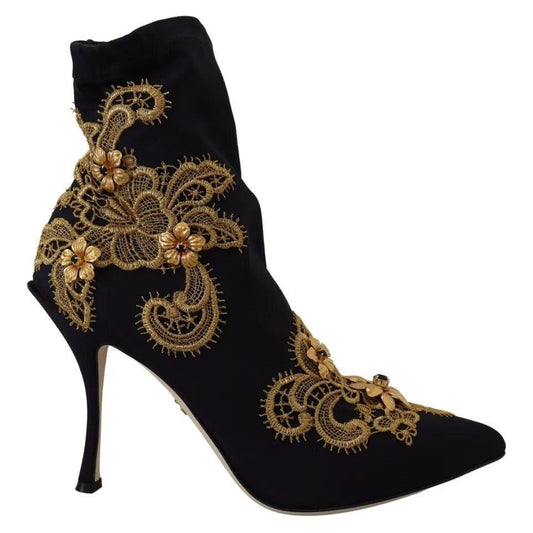 Dolce & Gabbana Black Gold Embroidery Slip On Boots Shoes LA10097-38.5