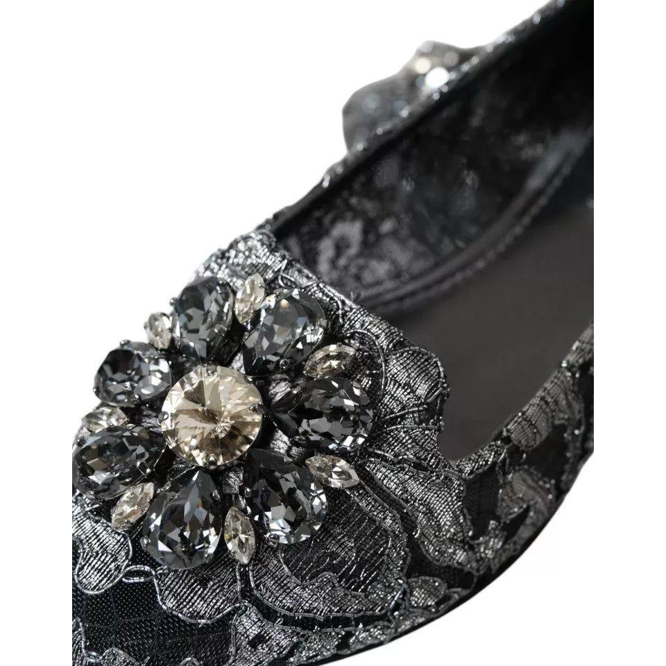 Dolce & Gabbana Gray Black Lace Crystal Ballet Loafers Shoes LA10882-35