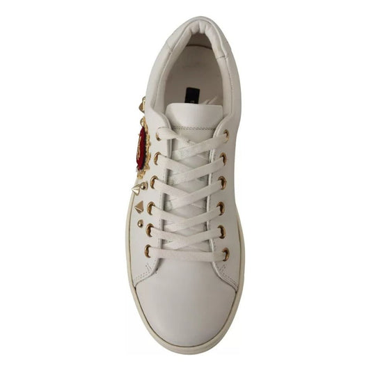 Dolce & Gabbana White Leather Gold Red Heart Sneakers Shoes LA9896-35