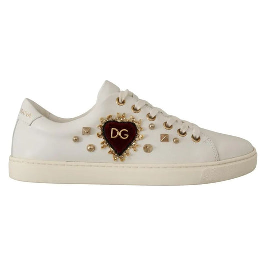 Dolce & Gabbana White Leather Gold Red Heart Sneakers Shoes LA9896#2-36