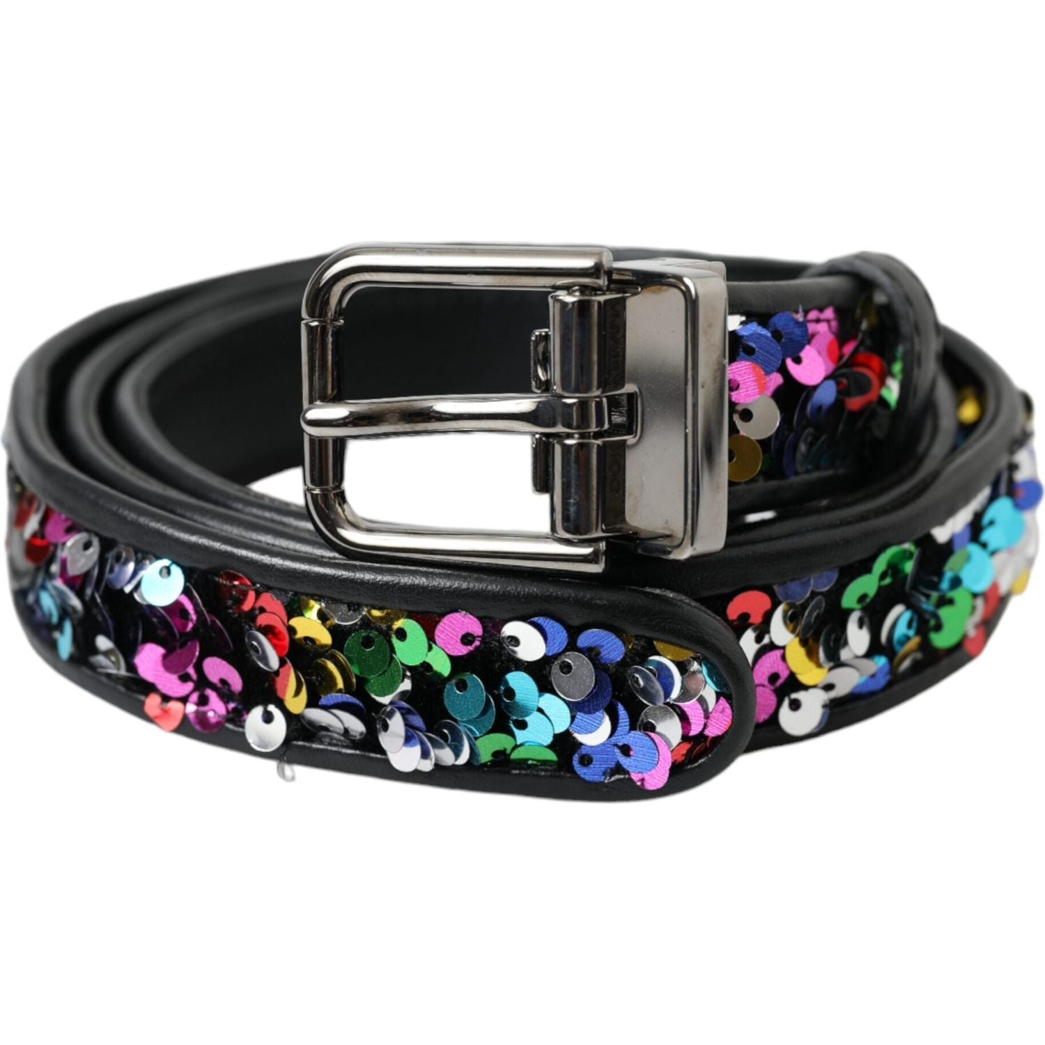 Dolce & Gabbana Black Sequined Silver Metal Buckle Women Belt