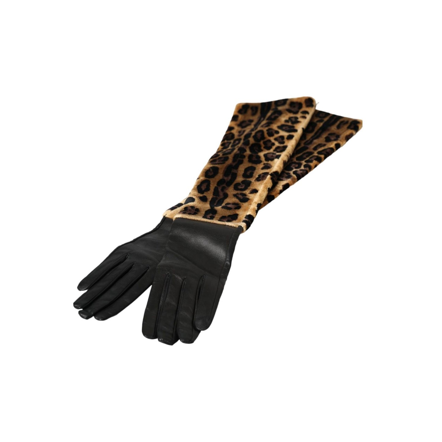 Dolce & Gabbana Brown Black Leopard Leather Elbow Length Gloves