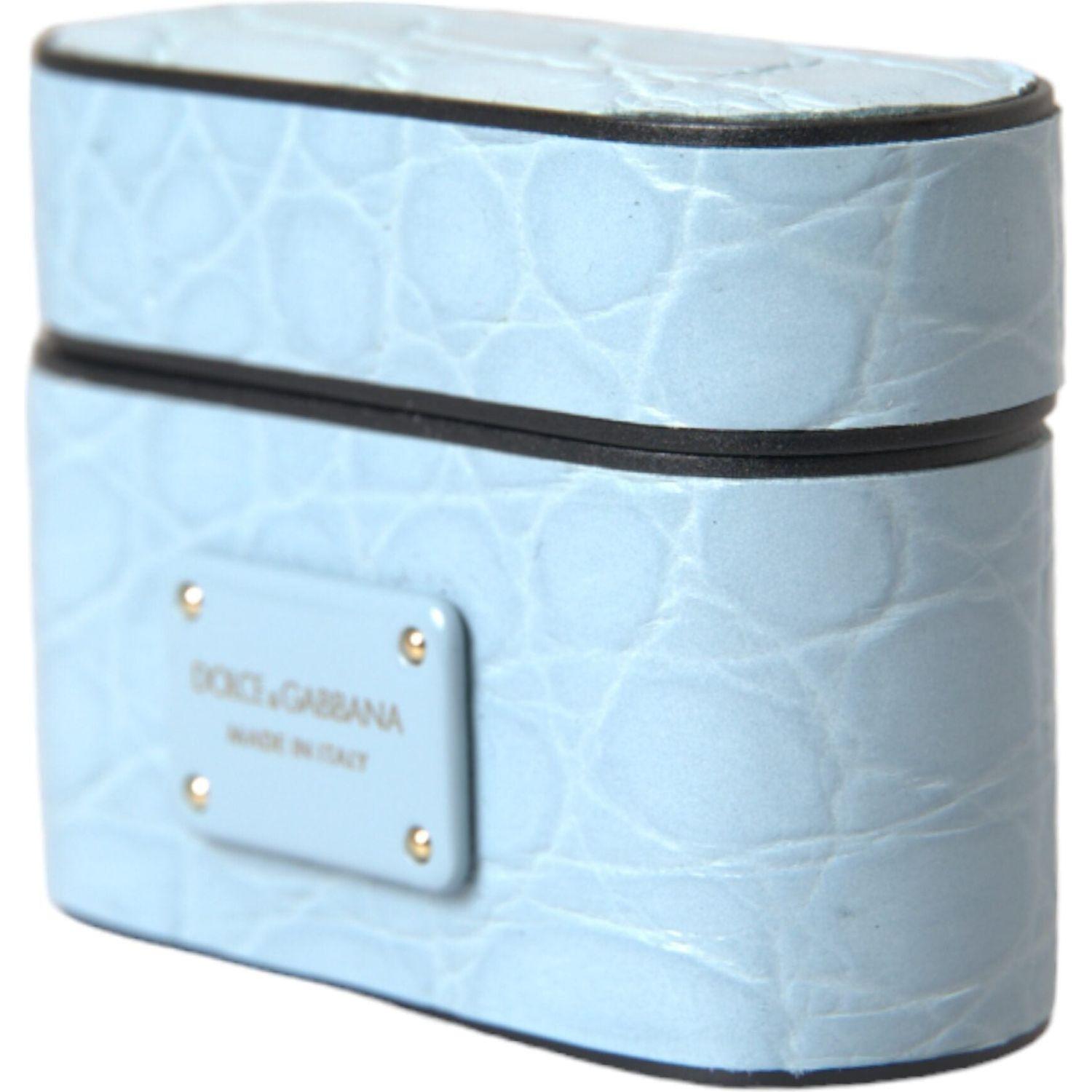 Dolce & Gabbana Light Blue Leather Metal Logo Plaque Airpods Case