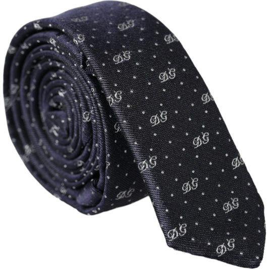 Dolce & Gabbana dark blue silk tie with DG logo and polka dots, 4cm width, made in Italy.