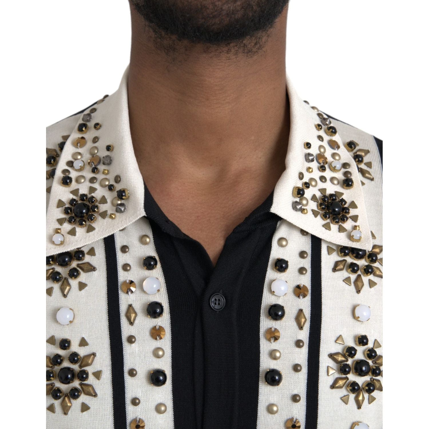 Dolce & Gabbana White Black Silk Studded Stone Crystal Shirt