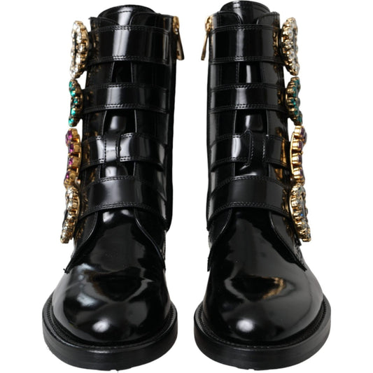 Dolce & Gabbana Black Leather Crystal Buckles Boots Shoes LA11043-35