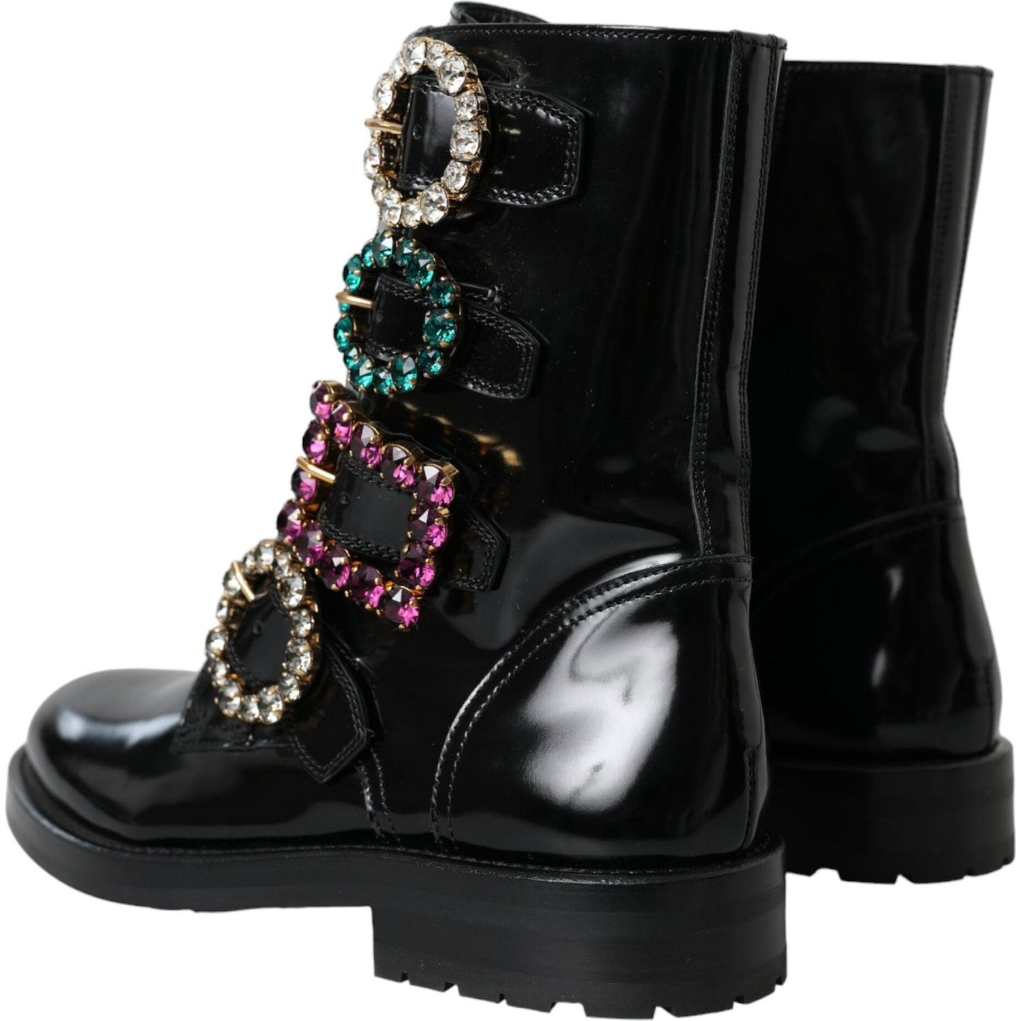 Dolce & Gabbana Black Leather Crystal Buckles Boots Shoes LA11043-35