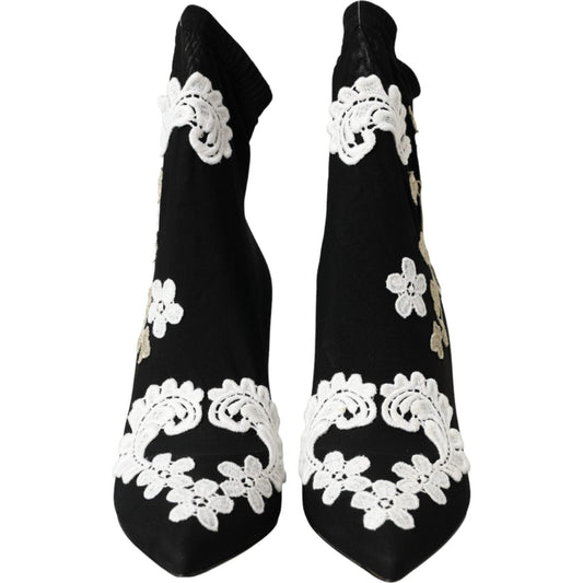 Dolce & Gabbana Black White Embroidery Slip On Boots Shoes LA11094-35