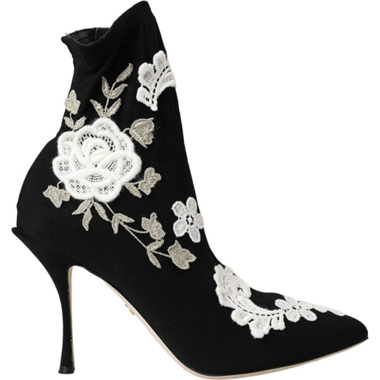 Dolce & Gabbana Black White Embroidery Slip On Boots Shoes LA11094-35
