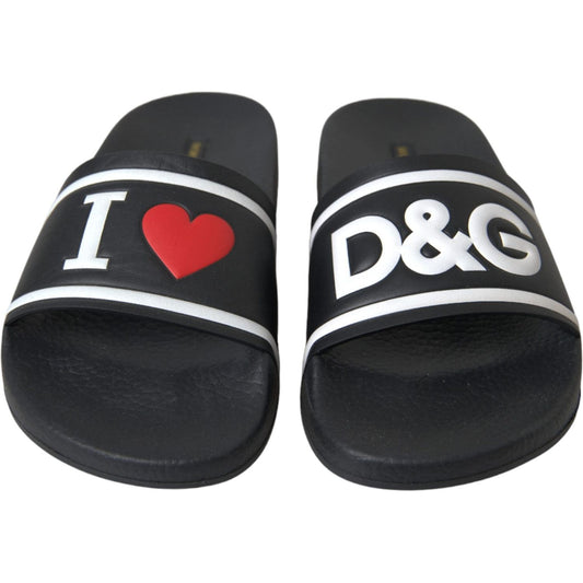 Dolce & Gabbana Black Leather I Love D&G Sandals Slides Shoes LA10970-36