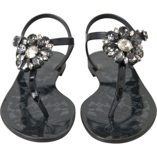 Dolce & Gabbana Black Crystal Flats Sandals Flip Flops Shoes LA10973-35