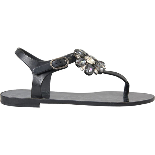 Dolce & Gabbana Black Crystal Flats Sandals Flip Flops Shoes LA10973-35