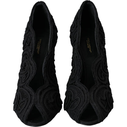 Dolce & Gabbana Black Cordonetto Ricamo Pump Open Toe Shoes