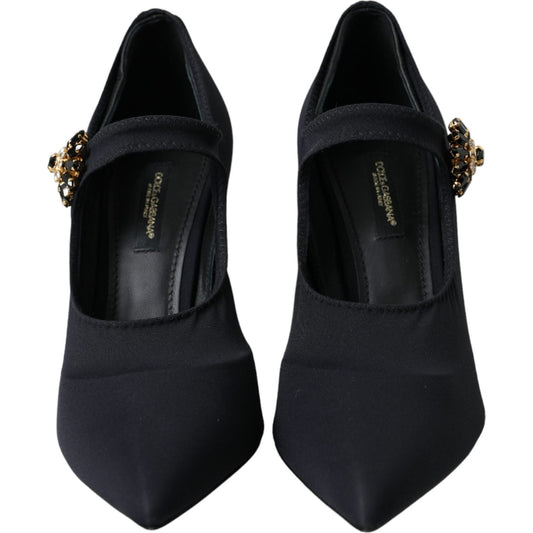 Dolce & Gabbana Black Mary Jane Jersey Crystal Pumps Shoes LA11197-36.5