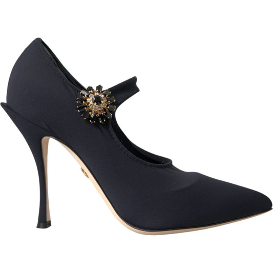 Dolce & Gabbana Black Mary Jane Jersey Crystal Pumps Shoes LA11197-36.5