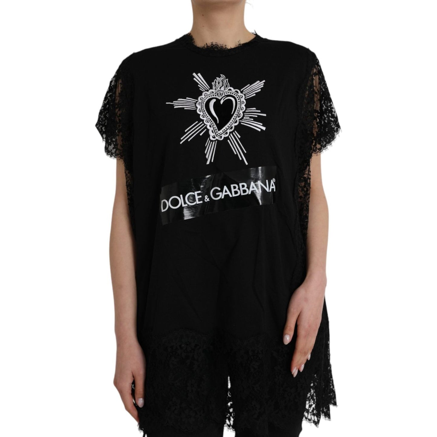 Dolce & Gabbana Black Sacred Heart Print Cotton Lace T-shirt
