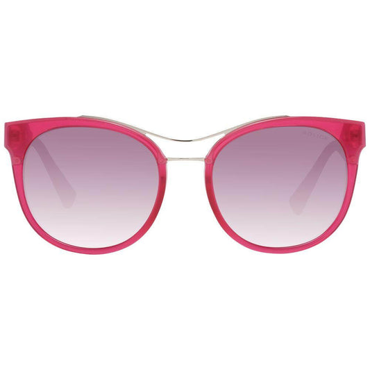 Purple oval women's sunglasses with plastic frame and lenses against white background, offering 100% UVA & UVB protection.