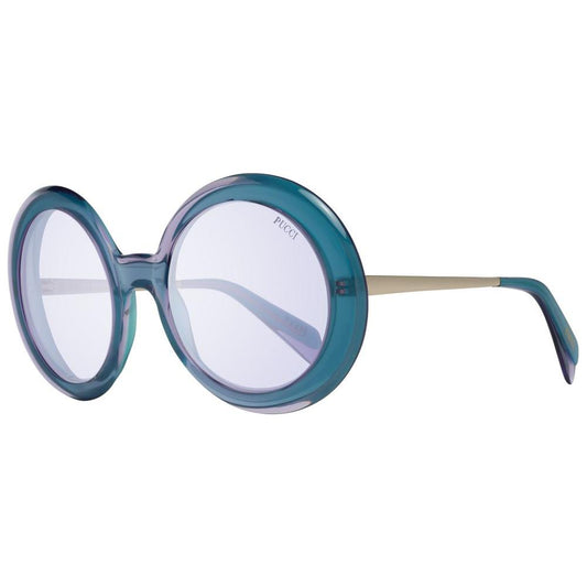 Emilio Pucci turquoise round sunglasses with purple lenses, metal & plastic frame, full-rim style, 100% UVA & UVB protection.
