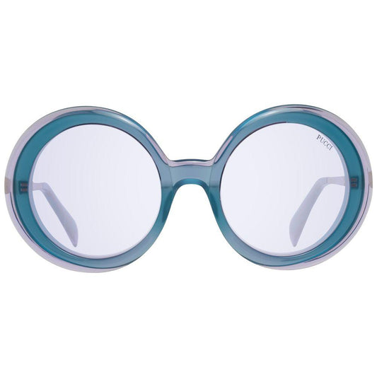 Emilio Pucci turquoise round women's sunglasses with full-rim, purple lenses, metal and plastic frame, UV protection, size 57-23-135.