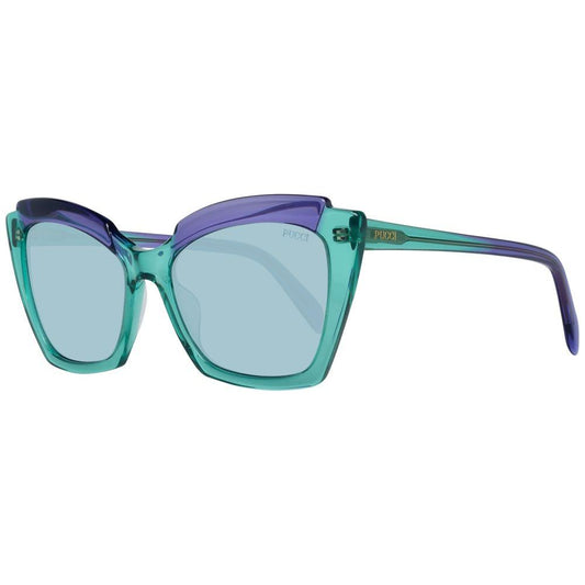 Emilio Pucci green cat-eye women's sunglasses with plastic frame and lenses, 100% UVA & UVB protection, full-rim style, size 56-18-140.