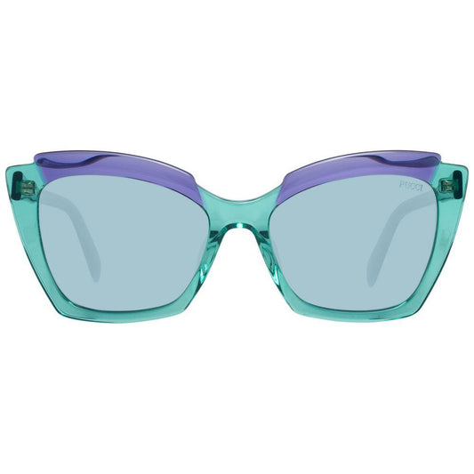 Emilio Pucci green cat eye women's sunglasses with plastic frame and lenses, full-rim style, offering 100% UVA & UVB protection.