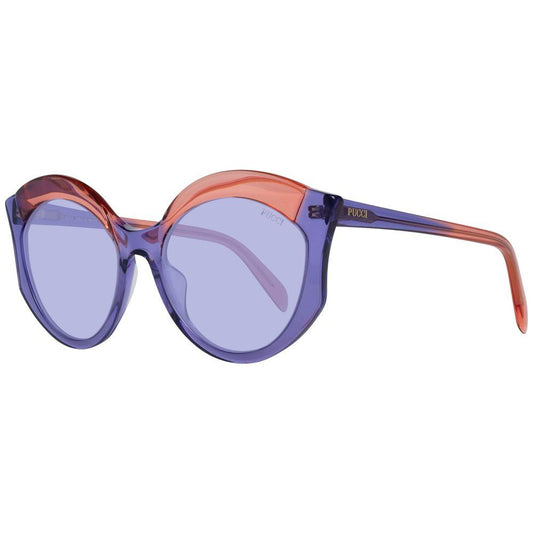 Purple Emilio Pucci butterfly-style women's sunglasses with full-rim plastic frame, offering 100% UVA & UVB protection.