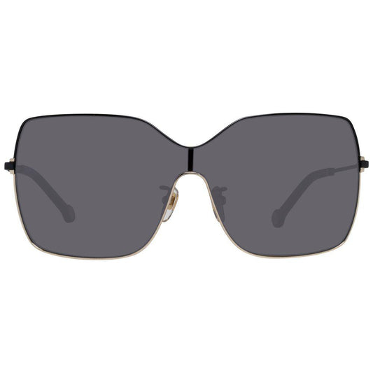 Carolina Herrera black sunglasses for women with grey lenses, metal frame, full-rim design, 100% UVA & UVB protection, includes branded case.