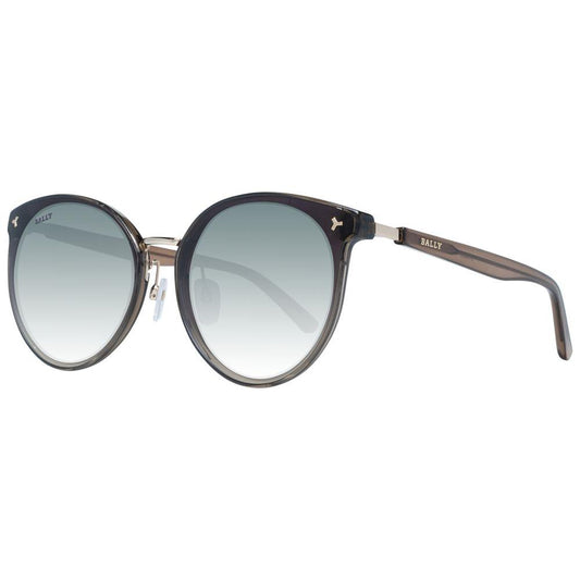 Bally black women's sunglasses with round gradient lenses, black metal and plastic frame, full-rim design, 100% UVA & UVB protection.