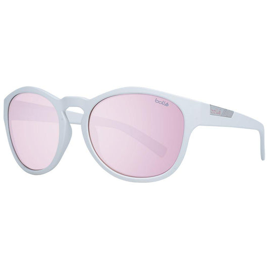 Bolle white unisex sunglasses with blue mirrored gradient lenses, plastic frame and full-rim round style, offering 100% UVA & UVB protection.
