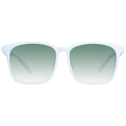 Unisex white trapezium sunglasses with purple gradient lenses, full-rim plastic frame, 100% UVA & UVB protection, size 55-16-145.