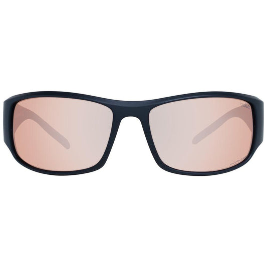 Bolle black unisex sunglasses with brown mirrored lenses, rectangular full-rim frame, and 100% UVA/UVB protection.