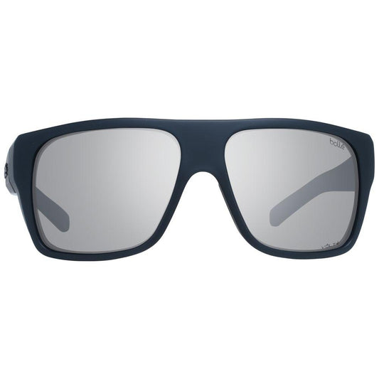 Bolle black unisex sunglasses with grey polarized lenses, full-rim rectangle style, 100% UVA & UVB protection, plastic frame and lenses.