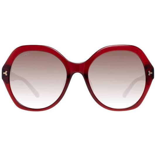 Alt Tag: Bally red oval women's sunglasses with gradient brown lenses, full-rim style, UVA & UVB protection, includes branded case.