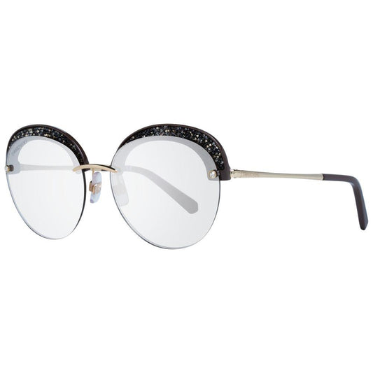 Swarovski gold women's sunglasses with multicolor metal and plastic frame, mirrored lenses, and half-rim style. Includes case.