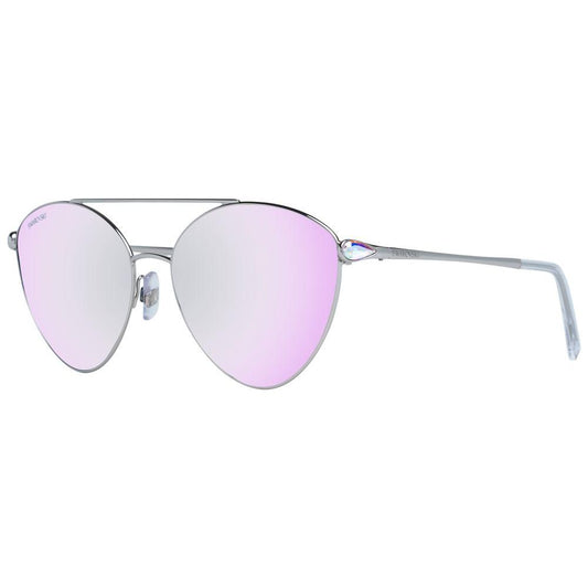 Swarovski silver aviator sunglasses for women with mirrored multicolor lenses and full-rim metal frame, 100% UV protection.