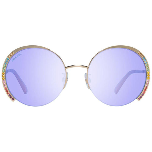 Swarovski gold round women's sunglasses with blue plastic lenses and metal half-rim frame, featuring 100% UVA & UVB protection.