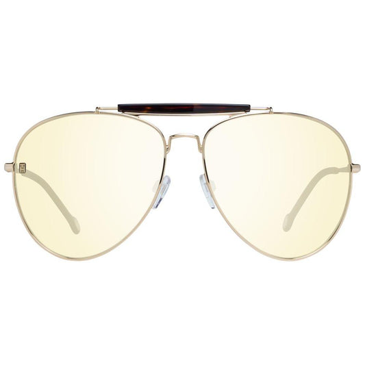 Tommy Hilfiger women’s gold aviator sunglasses with grey mirrored gradient lenses, full-rim metal frame, and branded case.