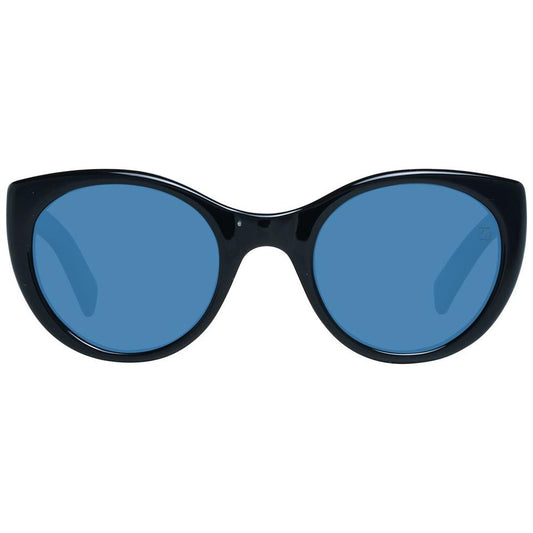 Ermenegildo Zegna black unisex polarized sunglasses with blue lenses, full-rim plastic frame, 100% UVA & UVB protection.